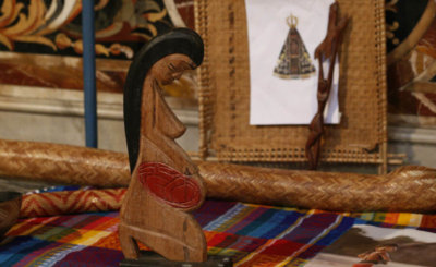 A wooden statue of a pregnant woman is pictured in the Church of St. Mary in Traspontina.