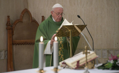 Pope Francis celebrates Mass Oct. 25, 2019, in the chapel of his residence, the Domus Sanctae Marthae.