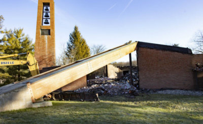 The bell tower of Most Blessed Sacrament Church in Franklin Lakes, N.J., is seen standing Dec. 12, 2019, after a fire destroyed the rest of the church the previous morning.