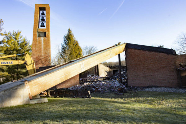 The bell tower of Most Blessed Sacrament Church in Franklin Lakes, N.J., is seen standing Dec. 12, 2019, after a fire destroyed the rest of the church the previous morning.